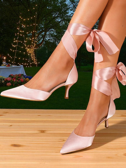 Ribbon Shoes Heel Women's with Pointed-Toe Kitten Satin
