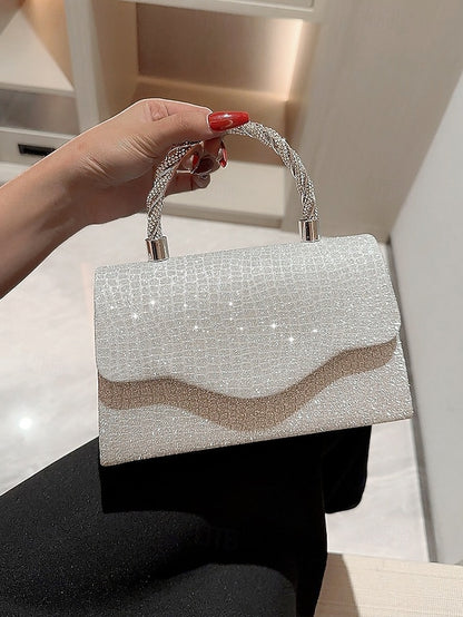 Handle Handbag with Glitter Rhinestone Women's Silver –