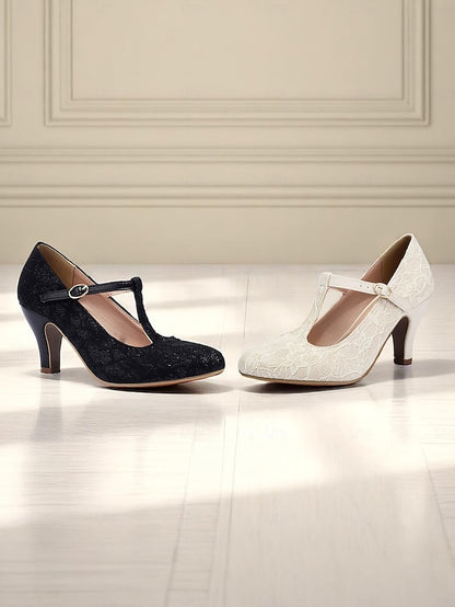 Mid T-Strap Lace Vintage Ivory Pumps-1920s Heel Women's