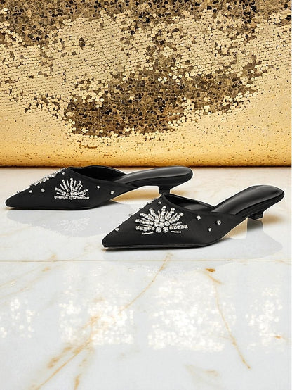 with Women's Mules Rhinestone Toe Pointed Satin Black