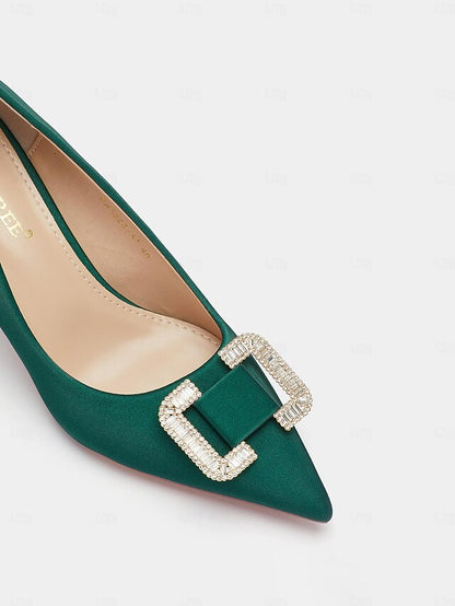 for Elegant Green Pumps Buckle with Satin Women: Rhinestone