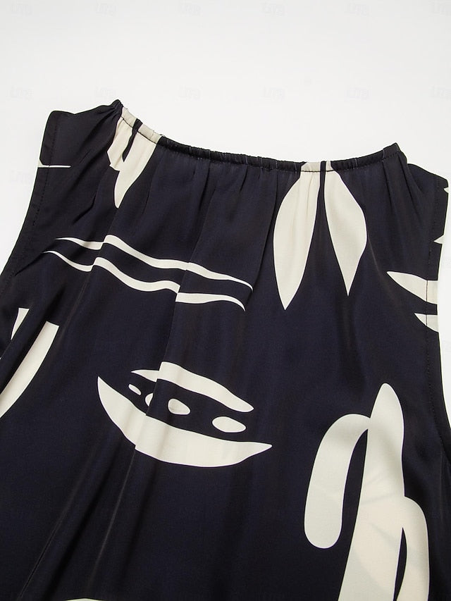 Satin Leaves Sleeveless Maxi Dress (No Belt)