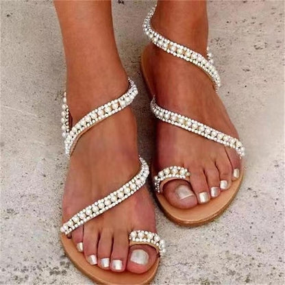 – Strappy Women's Sandals Flat Pearl-Embellished Elegant