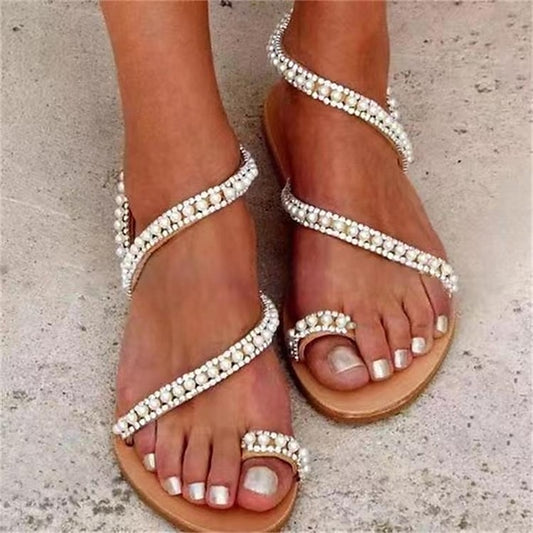 – Strappy Women's Sandals Flat Pearl-Embellished Elegant