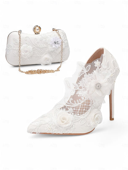 Wedding Shoes White Lace Embellishments with Floral