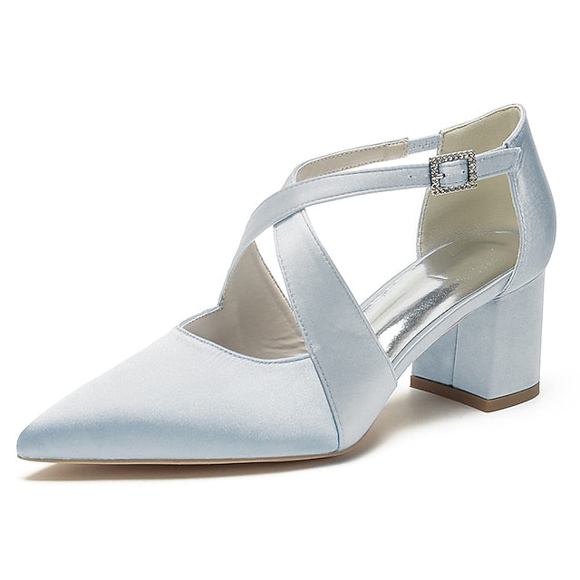 Block Pointed Toe Women's – Satin Elegant Heels White