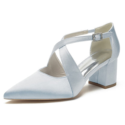 Block Pointed Toe Women's – Satin Elegant Heels White
