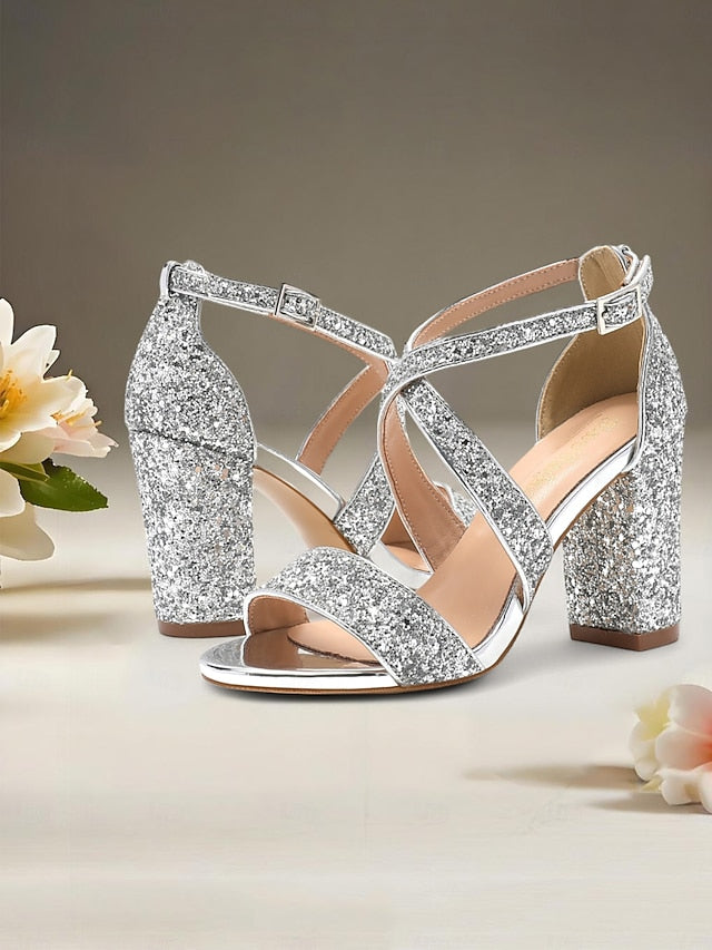 Glitter Gold Sandals Heel Block Women's