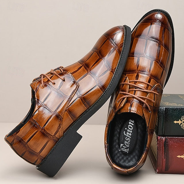 Men's Shoes Brown Dress Crocodile-Pattern Leather