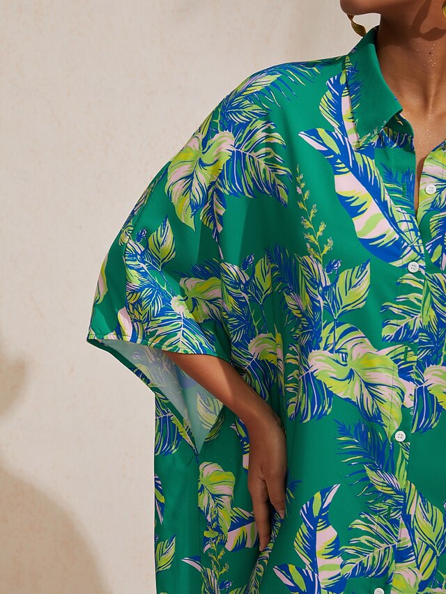 Leaf Print Shirt Short Sleeve Midi Chiffon Dress