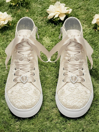 Women's Wedding Sneakers Ribbon Lace Satin with Ivory Laces