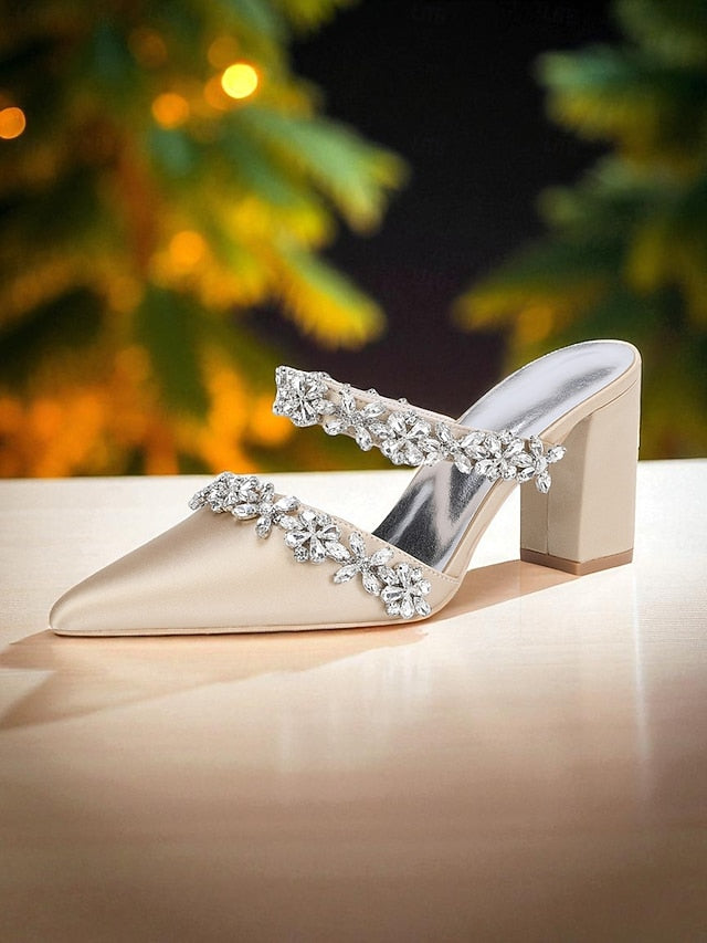 Block Satin Women's Heel Rhinestone Mules with Floral Black