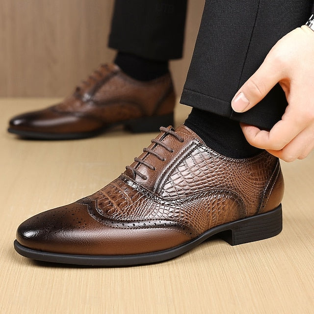 Shoes Brown Men's – Faux Leather Crocodile Pattern Oxford