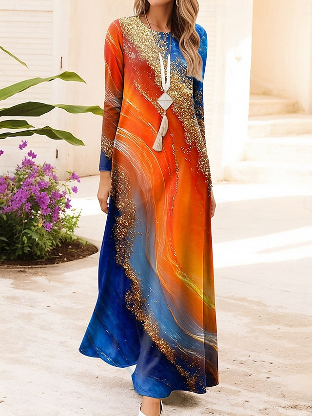 Women's Maxi Dress Vintage Bohemian A Line Dress Crew Neck