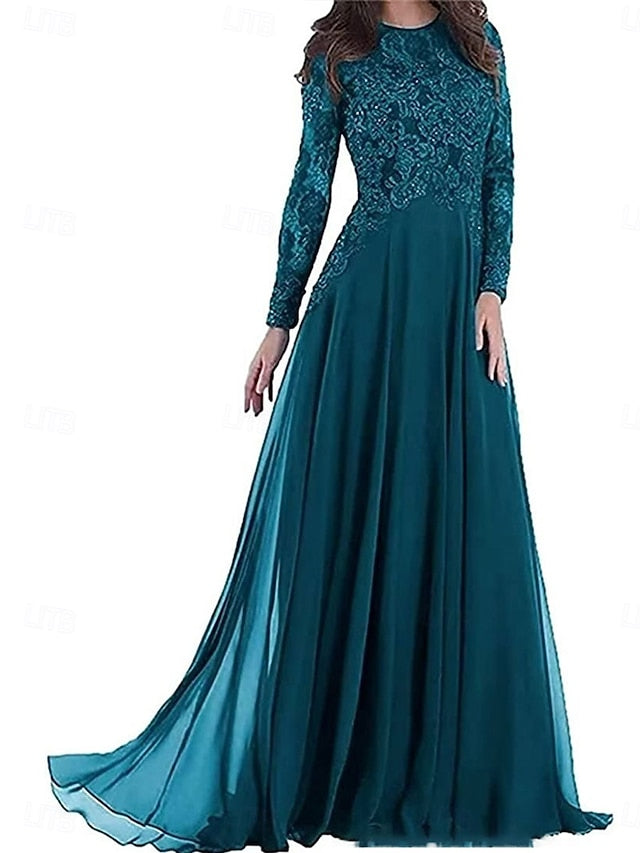 Neck Elegant Mother Dress Party Floor Bride Crew of A-Line the