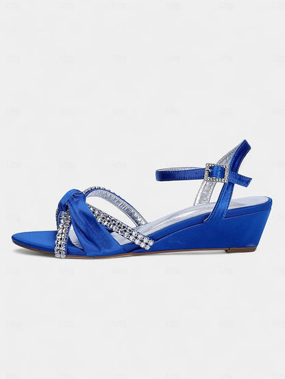 Sandals - Satin Wedge Rhinestone Dress Knot Green Women's