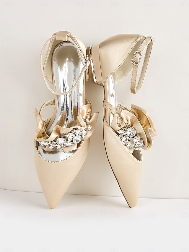 Black Rhinestone Flats Pointed-Toe Satin Women's with