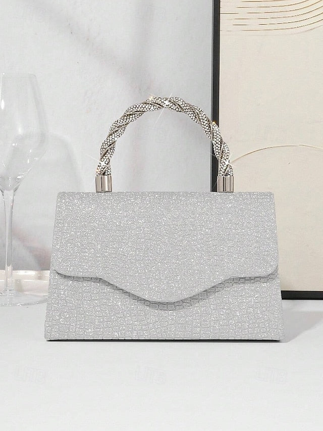 Handle Handbag with Glitter Rhinestone Women's Silver –