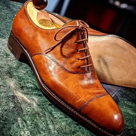 Men's Brown Leather Shoes Faux Classic Oxford Cap – Dress