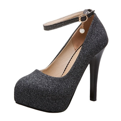 Women's Stiletto Heels with Ankle Glitter Platform Silver
