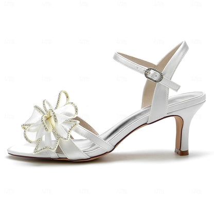 Luxury Detail Sandals Bridal with Bow Rhinestone Kitten Heel –
