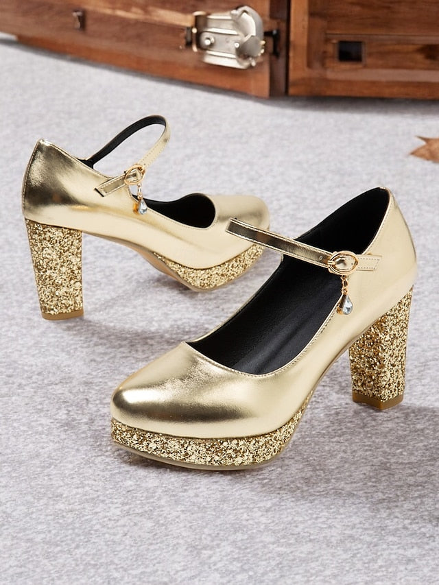 Jane Heel Block Sparkly Women's Glitter Gold Mary Pumps –