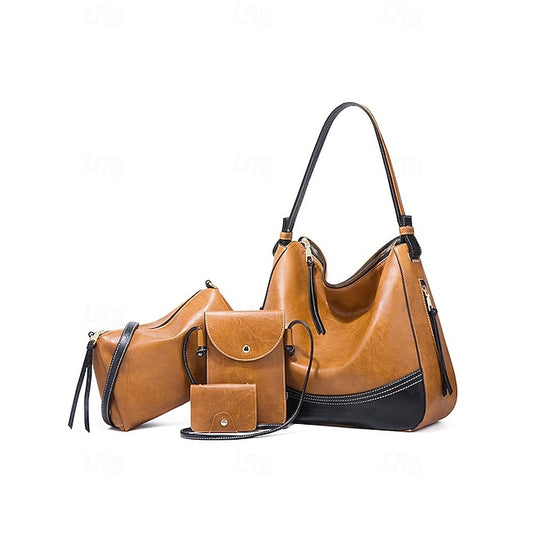 Faux Leather Shoulder 4-Piece Handbag Bag Women's – Set