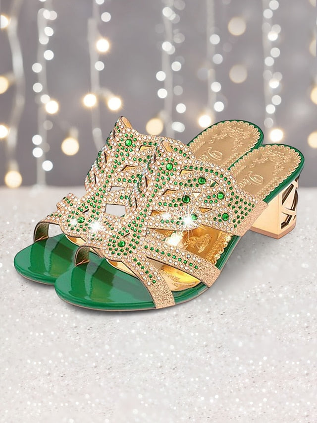 Rhinestone Green Embellished and - Sandals Heeled Gold