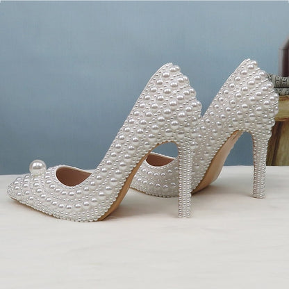 Purse White and Stiletto Round Pearl-Embellished Pearl Set Heels
