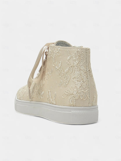 Women's Wedding Sneakers Ribbon Lace Satin with Ivory Laces