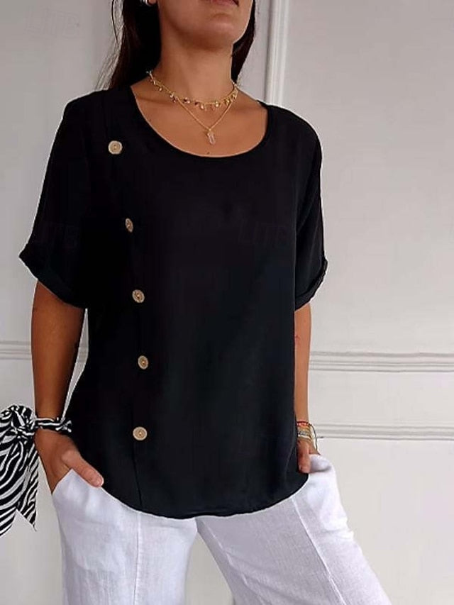 Women's Faux Cotton Linen Plain Basic Short Sleeve Crew