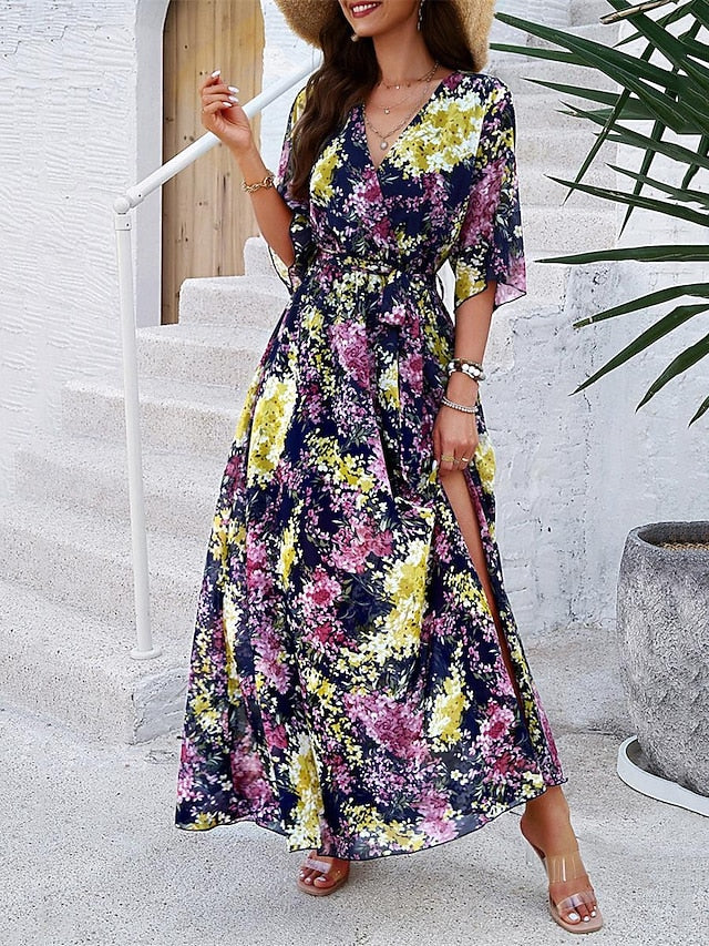 Women's Casual Dress Floral Print V Neck Long Dress Maxi