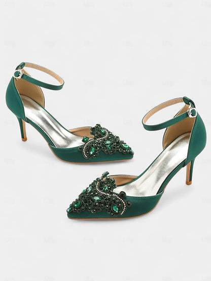 Women's Strap Green – Emerald Pointed Heels Satin Ankle
