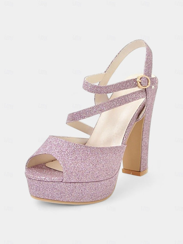 Strap Heel Sandals Platform Ankle High with Glitter Women's