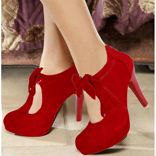 High Pumps Suede Heel Women's – Vintage Platform Bow Red