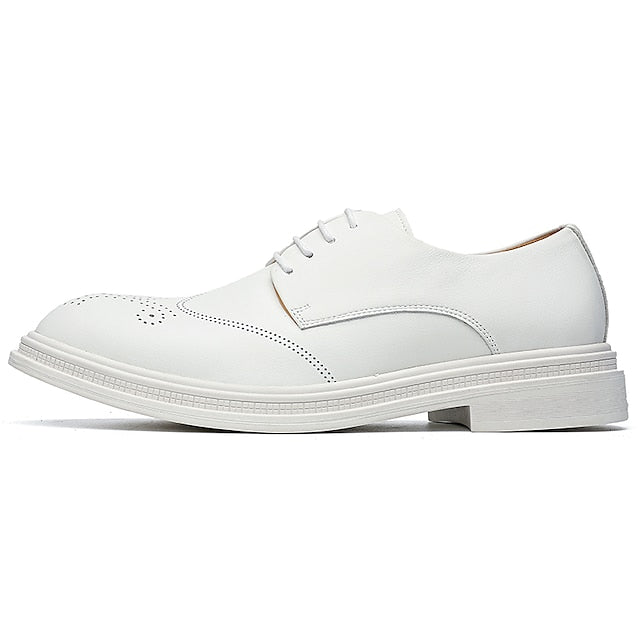 Oxford Leather White Men's Shoes with Perforated Faux