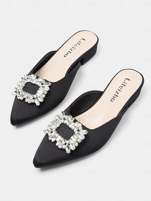 Rhinestone with Women's Pointed-Toe Satin Black Mules