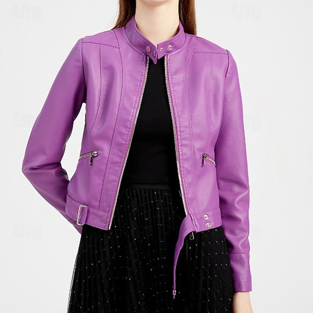 Faux Comfortable Pocket Women's Leather Jacket Zipper