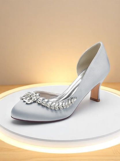 Satin Heel Silver Kitten - Low Heels Toe Women's Round