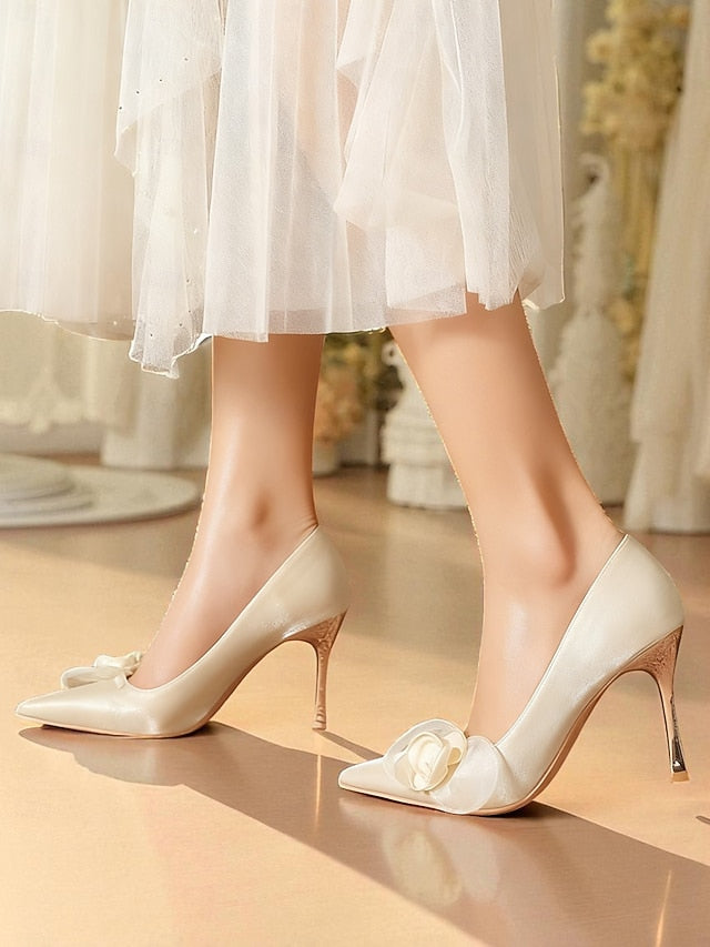 Elegant Ivory Wedding Women's - Pointed Floral Heels Satin