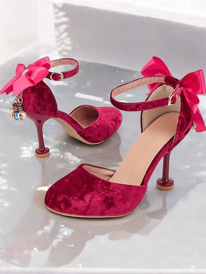 Women's with Burgundy Big Bow Jane Mary and Velvet Heels