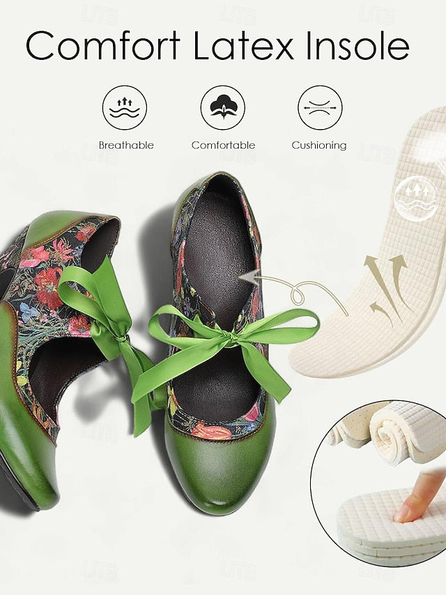 Mary Jane Green Heels Women's Print Floral Leather with