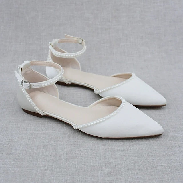 Pointed Toe White Shoes Pearl-Embellished Flat Women's with