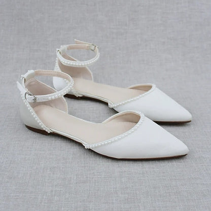 Pointed Toe White Shoes Pearl-Embellished Flat Women's with