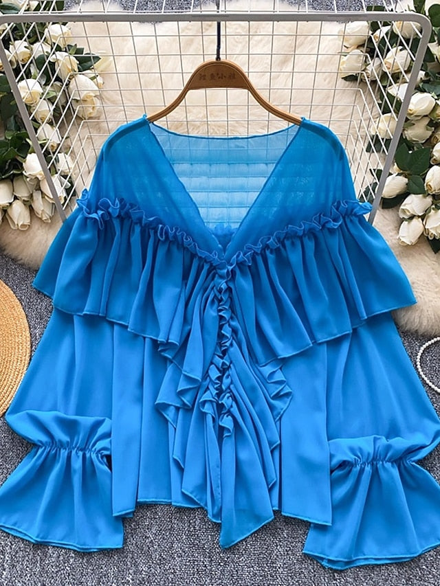 Women's Blouse Solid Color Stylish Casual Long Sleeve V