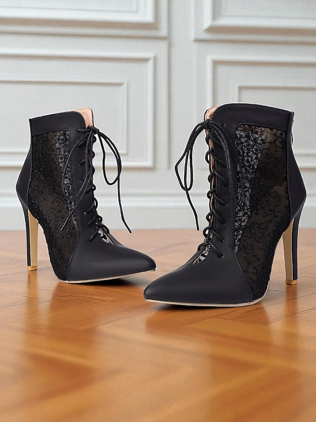 Stiletto Ankle Heels Mesh Women's Booties White Lace with