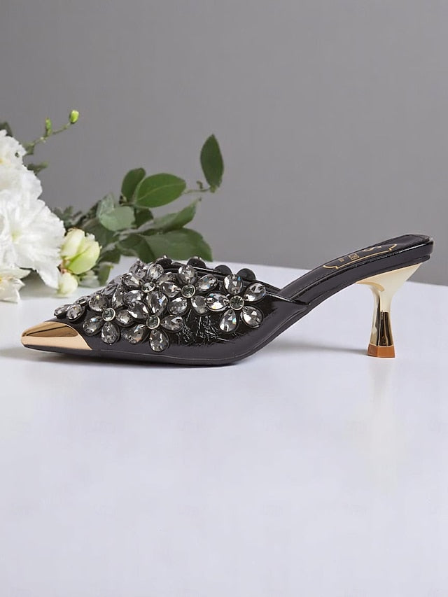 Black – Pointed-Toe Embellished Mules Women's Rhinestone