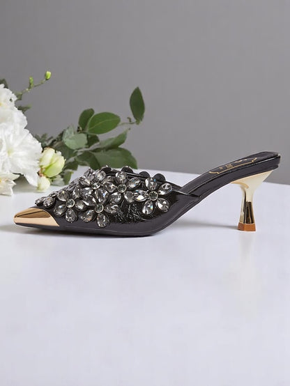 Black – Pointed-Toe Embellished Mules Women's Rhinestone