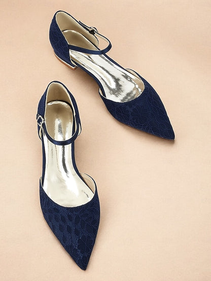 Ankle Blue Lace Strap and Women's Flats Pointed with Navy