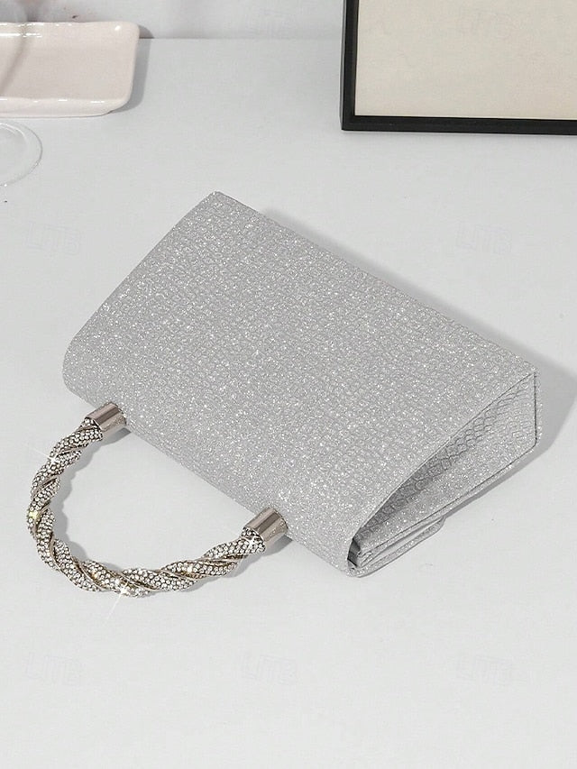 Handle Handbag with Glitter Rhinestone Women's Silver –